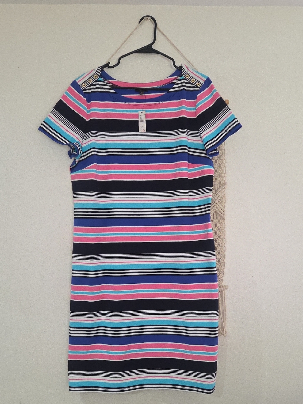 Talbots Striped Short Sleeve Dress in Navy, Pink & Aqua